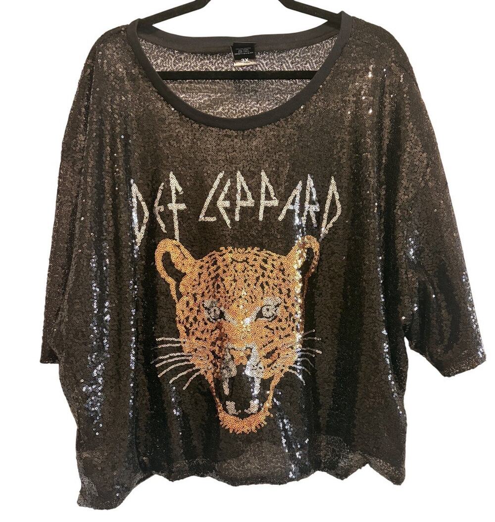 Def Leppard NWOT Sequin Leopard Cheetah Band Tee Graphic Crop Top Black 3X Plus